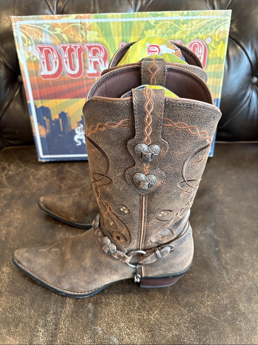 Durango Brown Distressed Western Cowboy Boots with Harness Accents Size 8.5